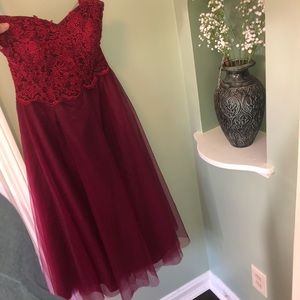 Wine / burgundy tea length lace bridesmaid dress